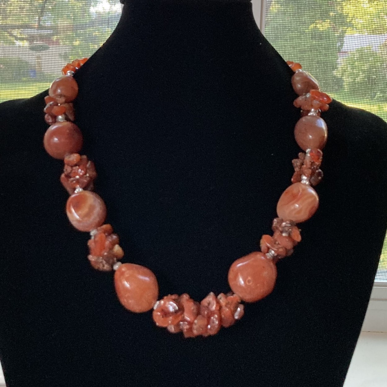 Natural Carnelian Gemstone Beaded Necklace, Chunky Polished & Chip Beads, 21″