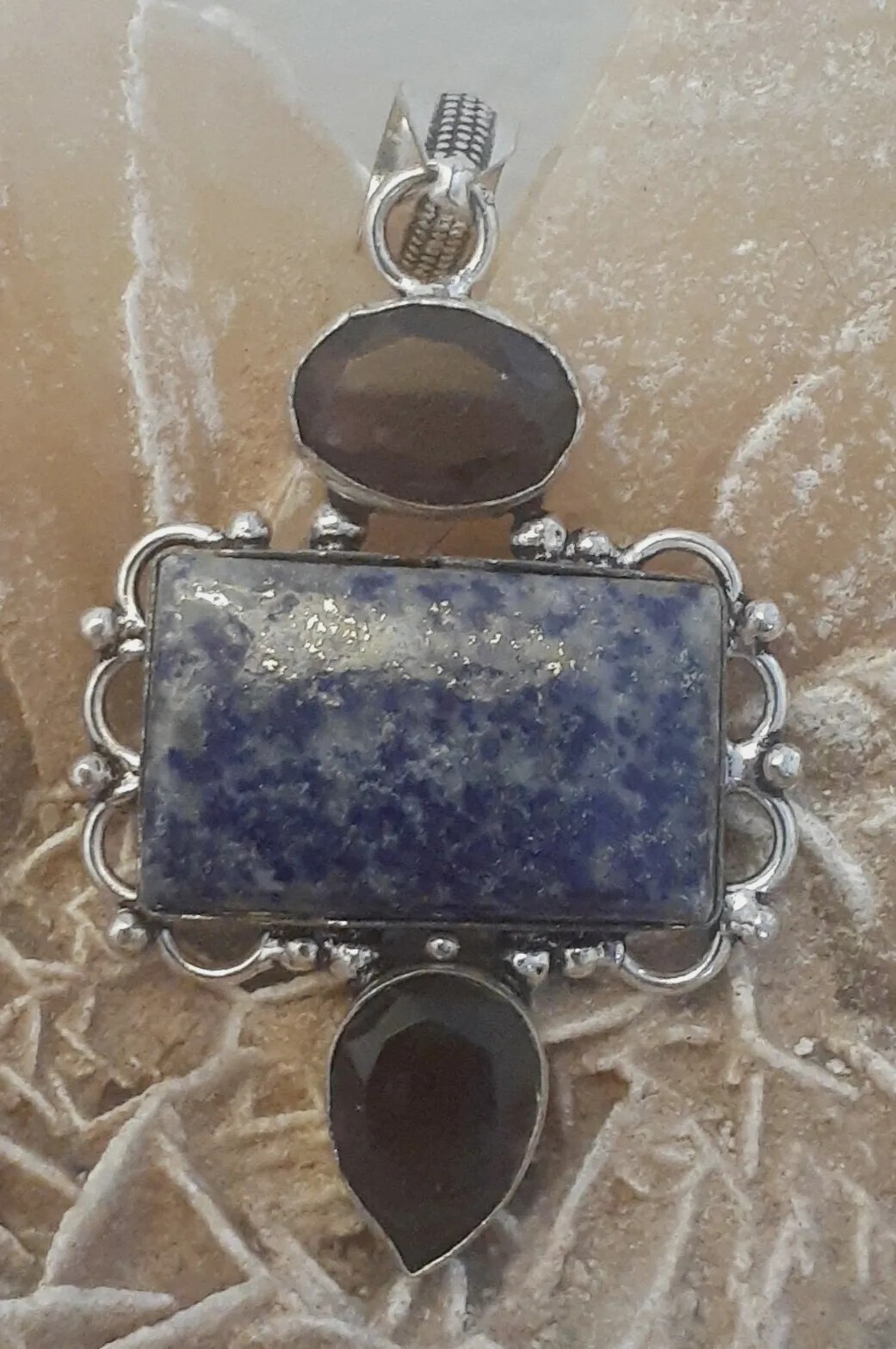 Artisan 925 Silver Lapis Lazuli Gemstone Faceted Purple Glass Pendant