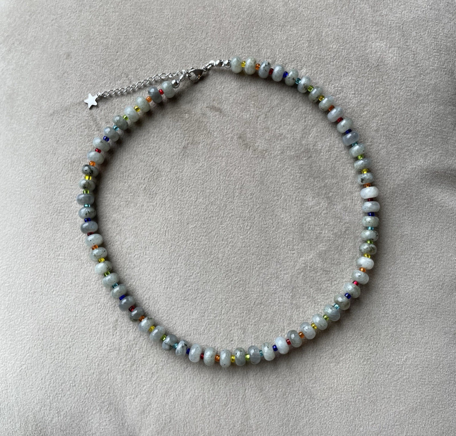 LABRADORITE Rondelle Rainbow Czech Glass Seed Beads Multicolor Necklace 17”