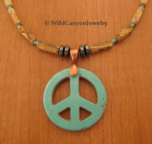 *Handmade* Turquoise Magnesite Peace Pendant Necklace with desert jasper beads