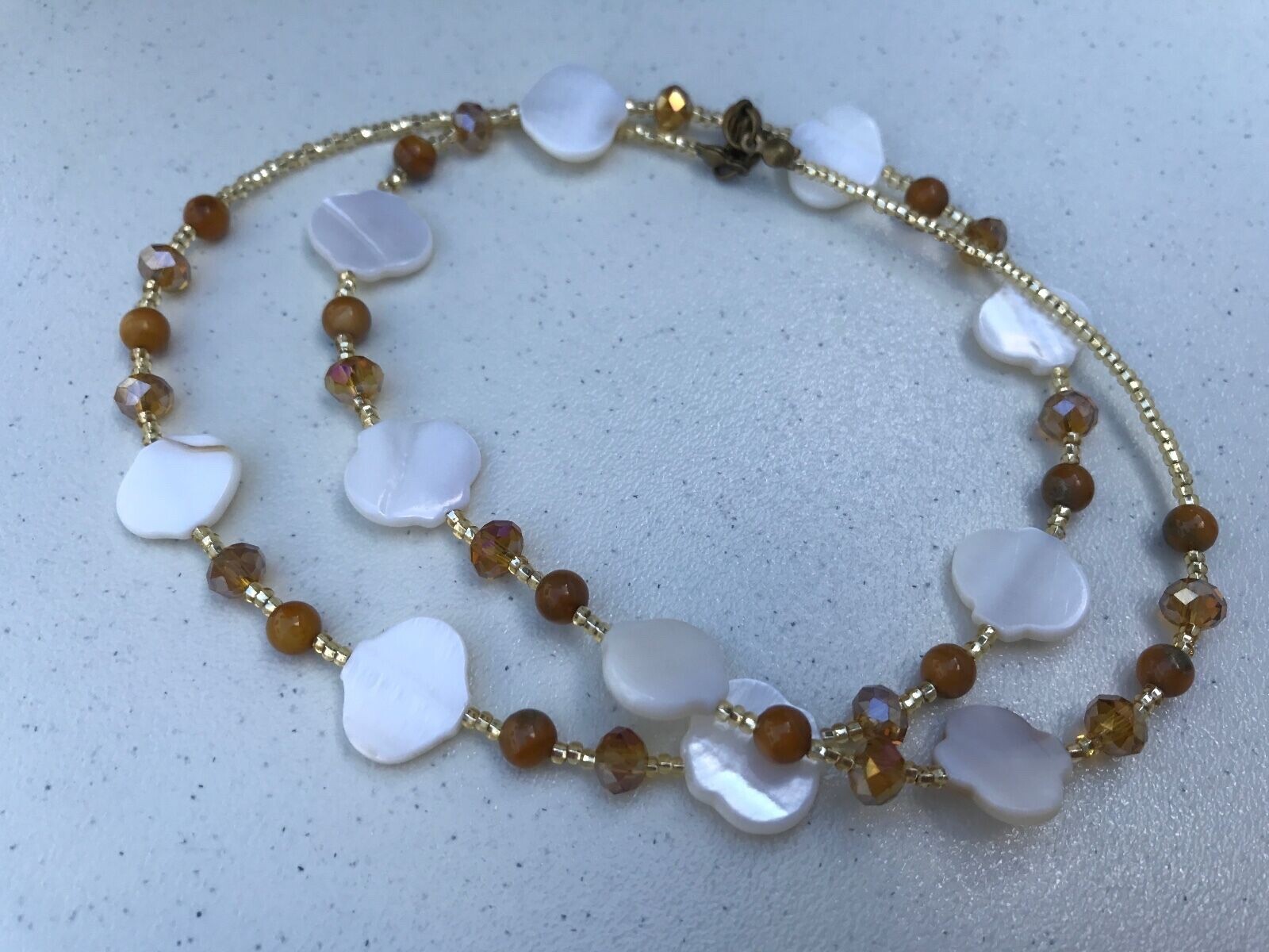 Necklace White and Brown Mother of Pearl Shell and Champagne Yellow Glass Beads