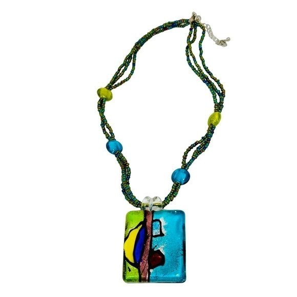 Art Glass One of a Kind Artisan Necklace with Multistrand Seed Bead/Glass Chain