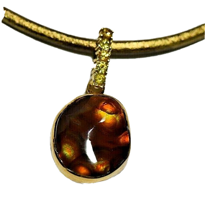 NATURAL FIRE AGATE HANDMADE 18k Yellow Gold Bezel w/ Sterling Silver Back