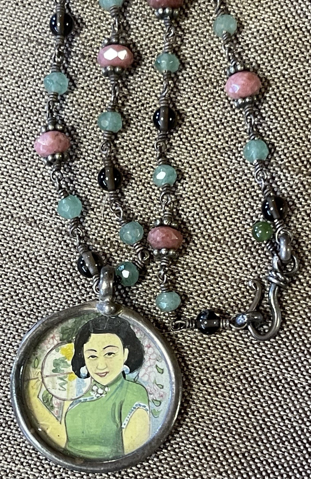 Beaded Gemstone Necklace Sterling Silver Disc Japanese Art Under Glass, NWOT
