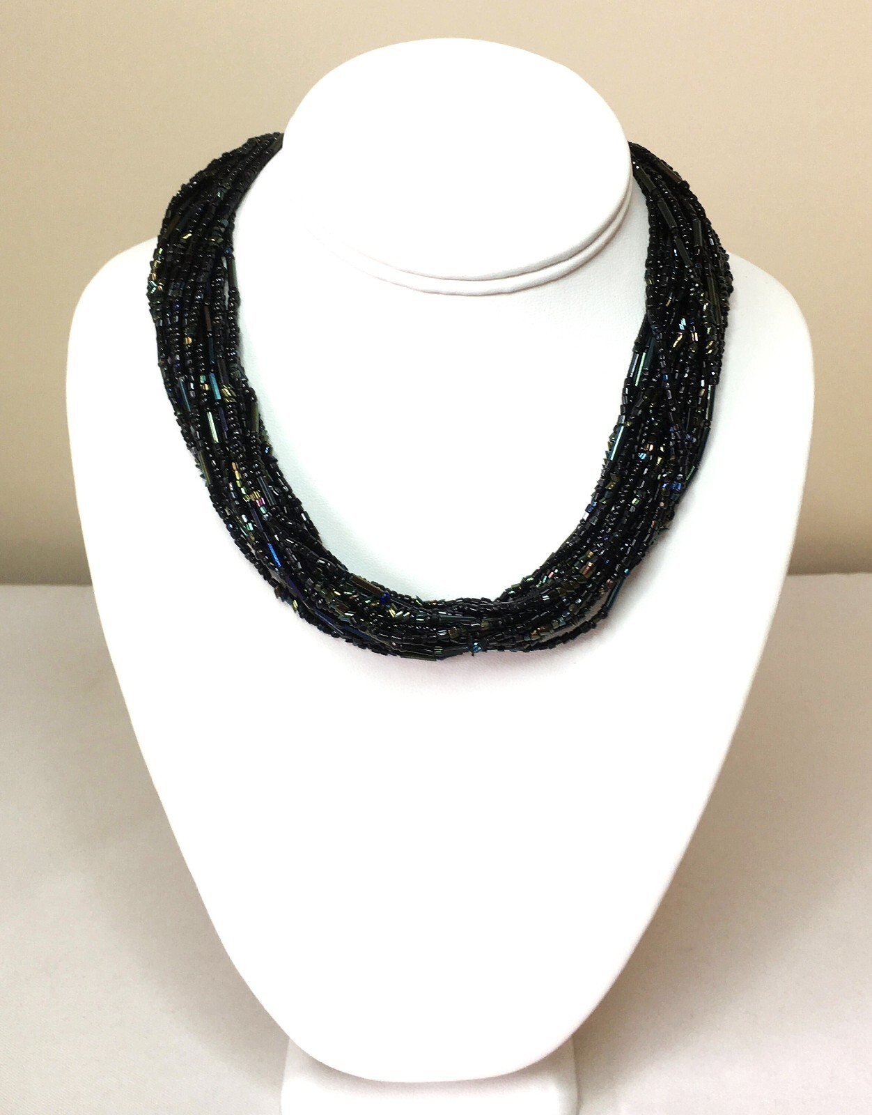 Faceted Gunmetal Art Glass beads, Sterl.Silver 10 Str.Handmade necklace, knotted