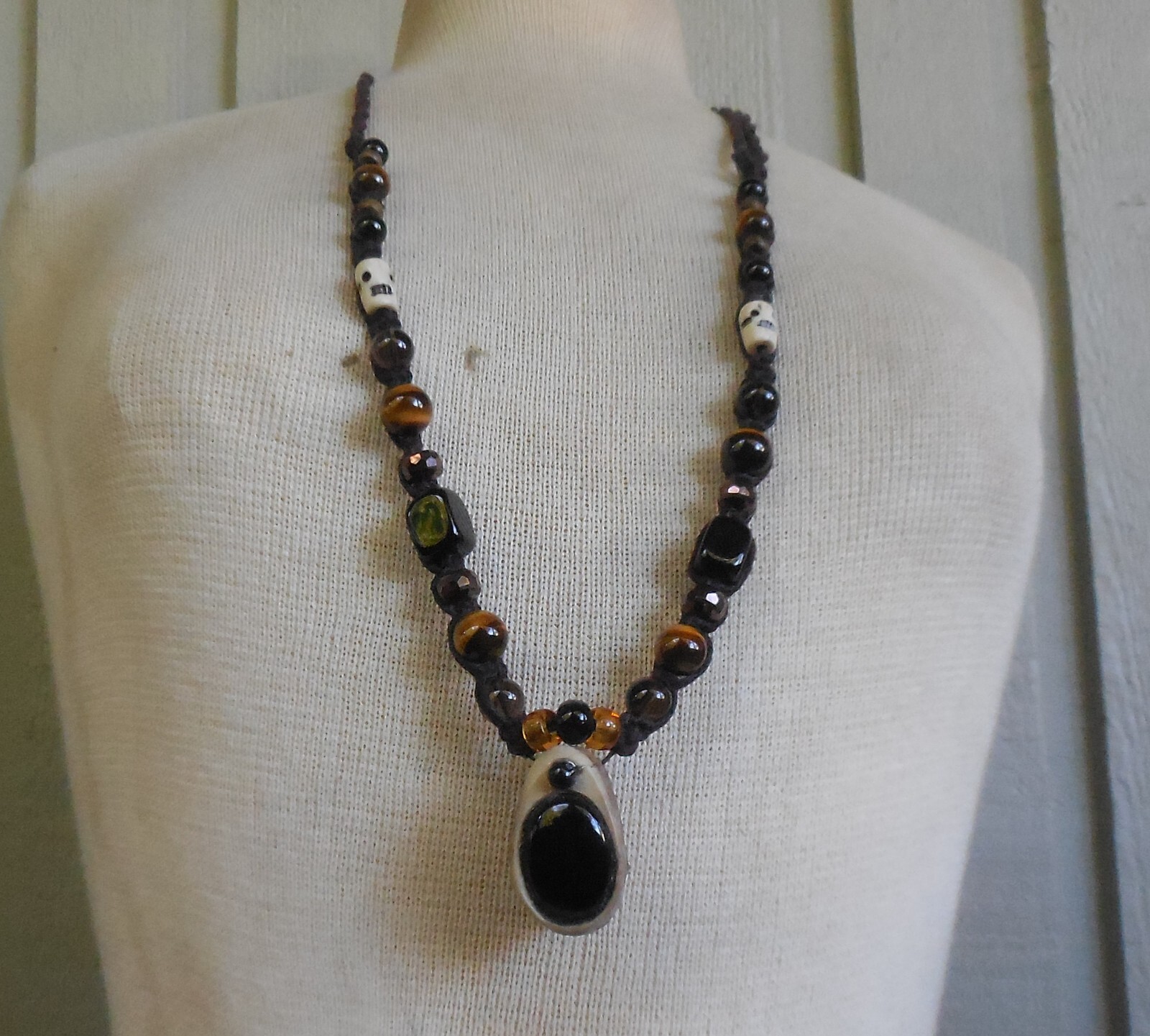 Secret Stash Onyx Antler Hemp Adjustable Necklace Tigers Eye Smoky Quartz Beads
