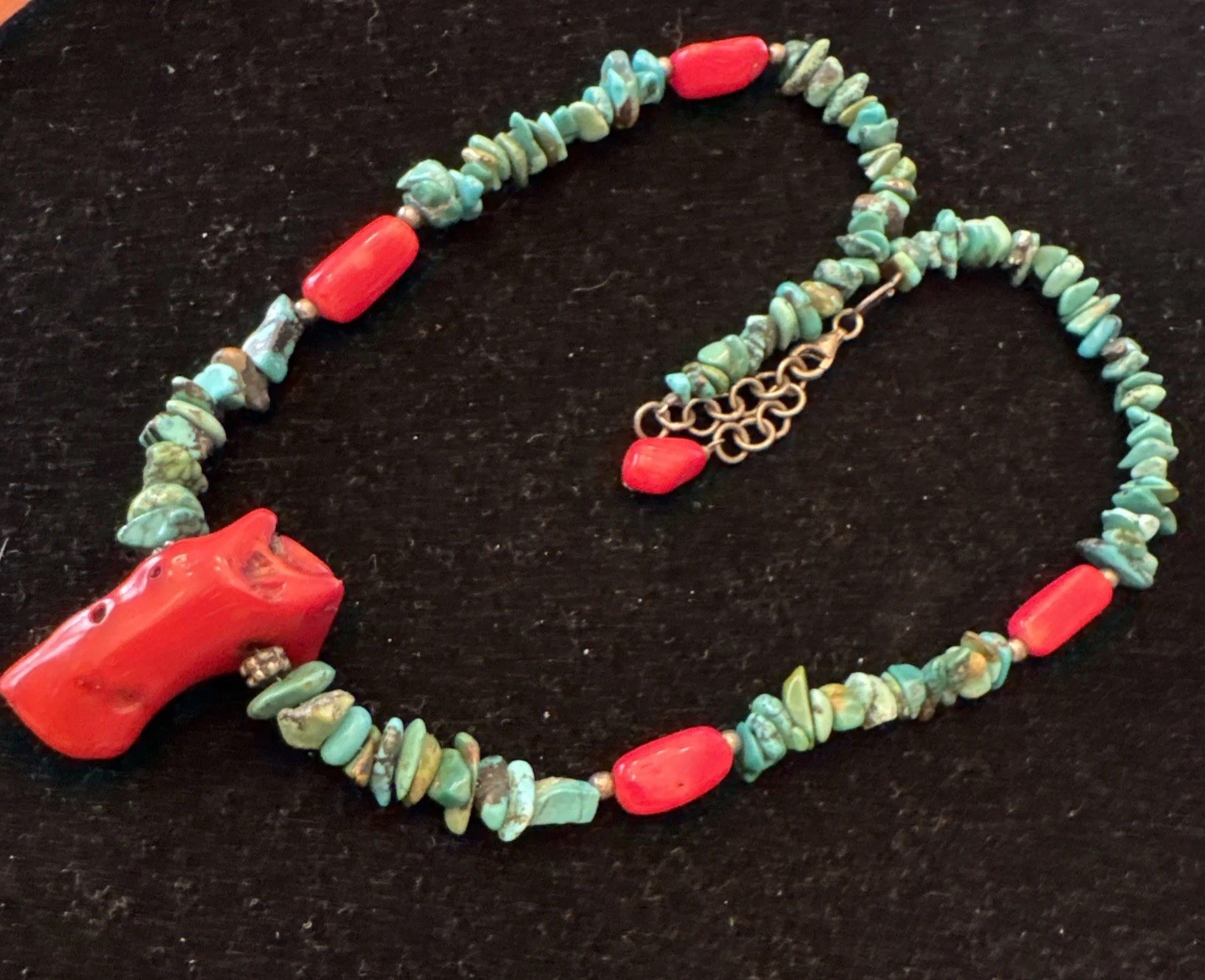 Southwest Turquoise & Coral Chili Pepper Look Necklace GSJ 925 Clasp 16” 919
