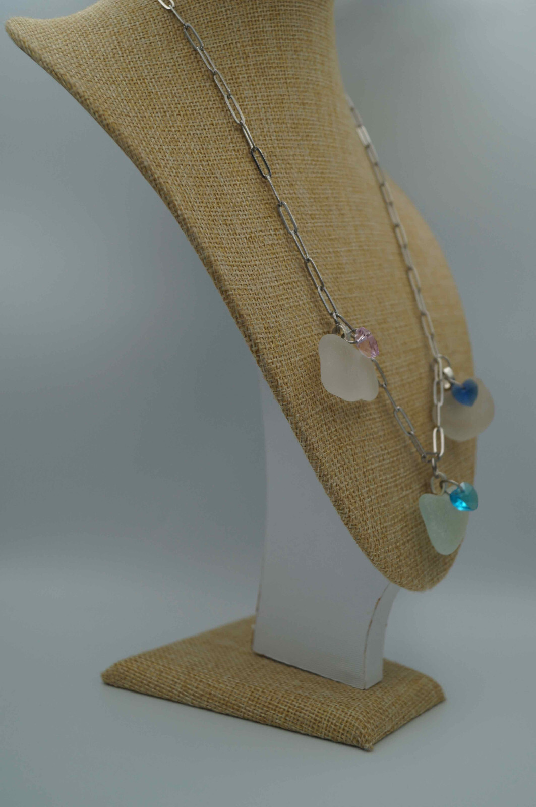 Three Sea Glass Pieces & Heart Charms on Paperclip Stainless Steel Chain (P#136)