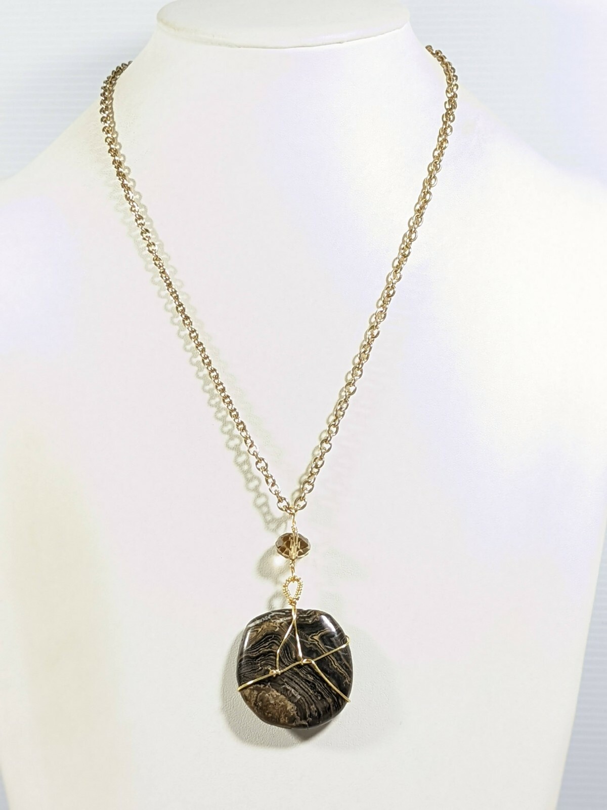 Artisan Gold Tone Brown Polished Round Stone Wire Wrapped Pendant Necklace 20″