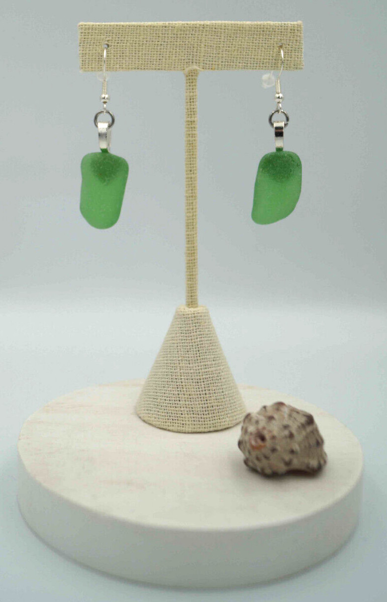 Green Sea Glass Pieces: Rounded Rectangle Shaped Earring Pair (E#44)