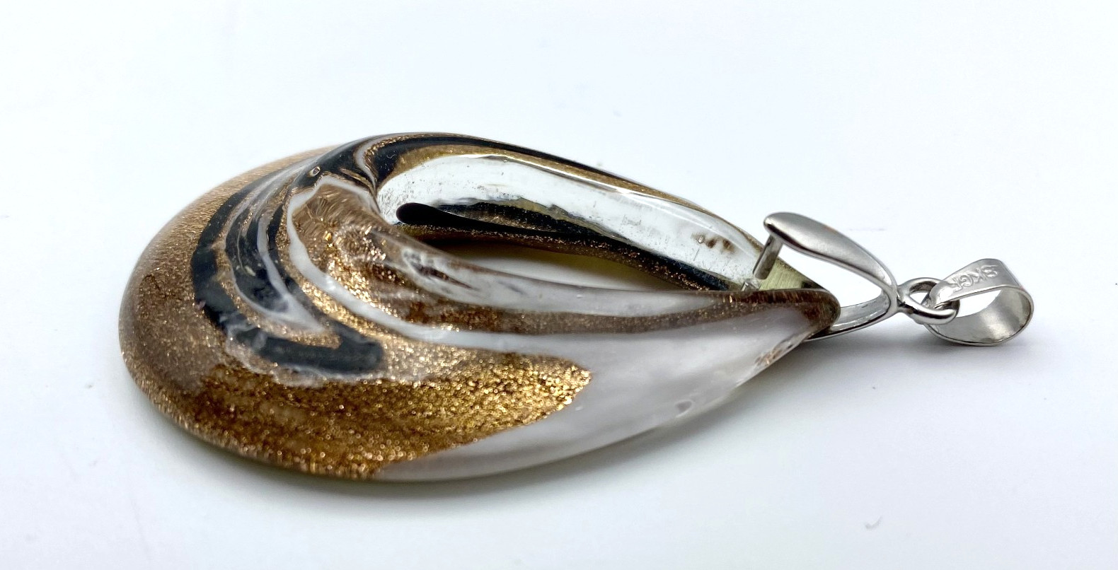 Murano Style Art Glass Teardrop Pendant Black White Copper Sparkle 18KGP