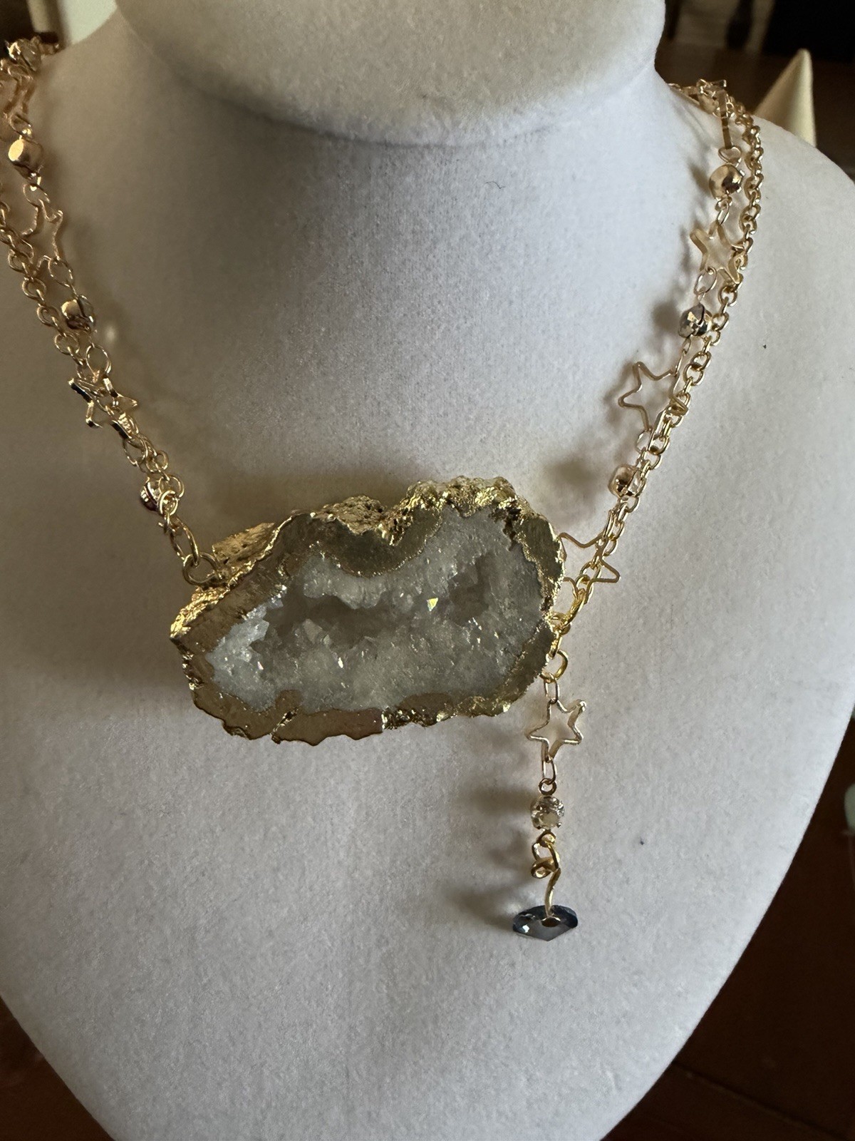 Yellow Gold Plated Druzy Agate CRYSTAL White Geode Necklace Star Chain 18-20”