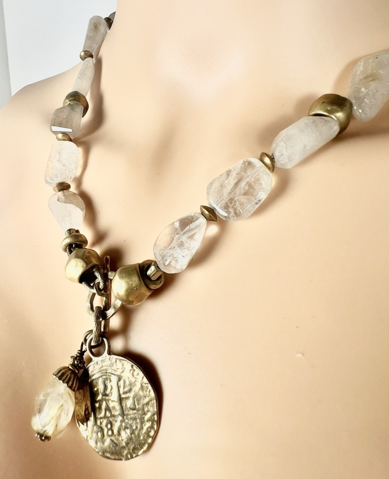 Handcrafted Artisan Brass and Chunky Golden Quartz Beaded Necklace Coin Pendant