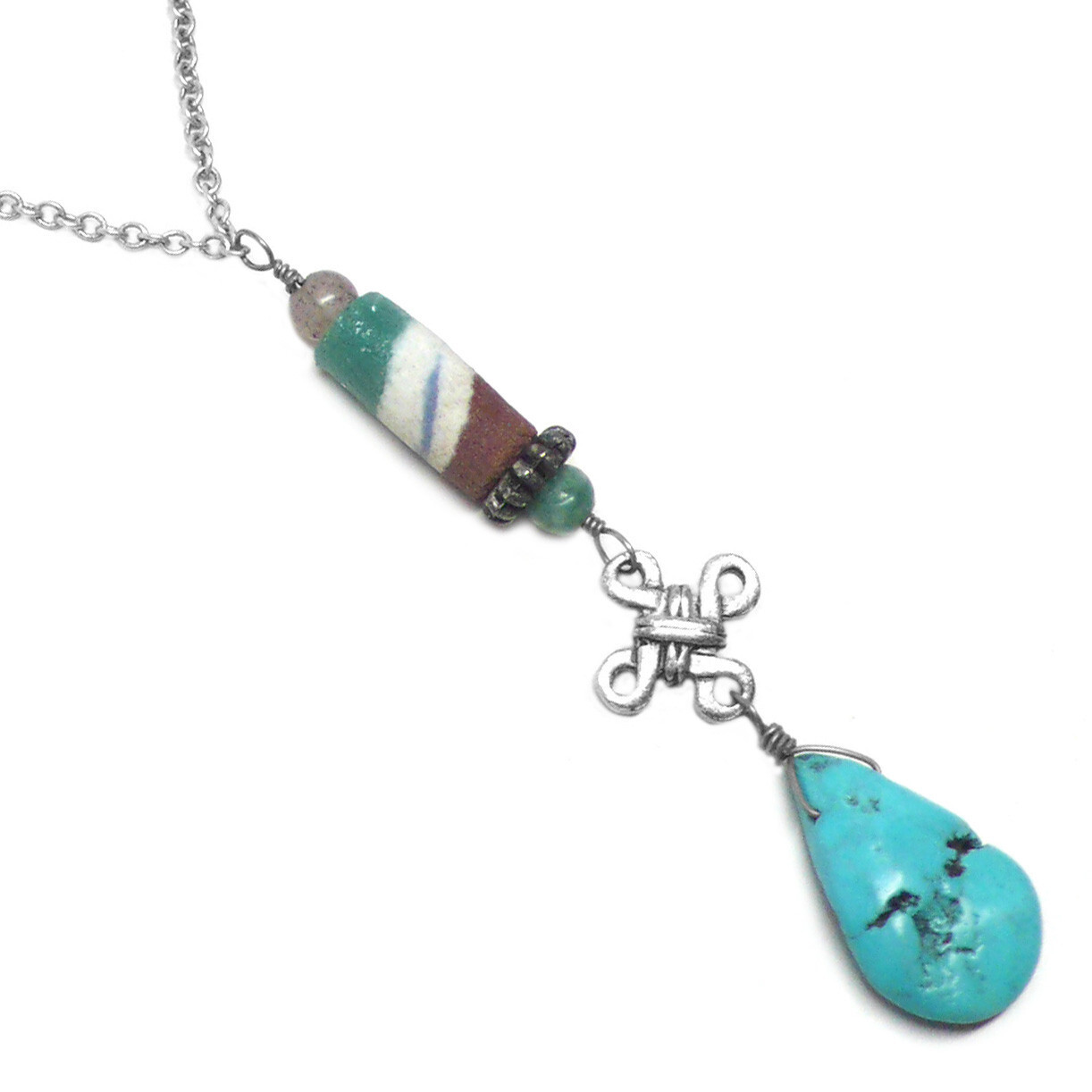 Turquoise-Color Stone Teardrop Chain Necklace Celtic Knot African Trade Bead 21″