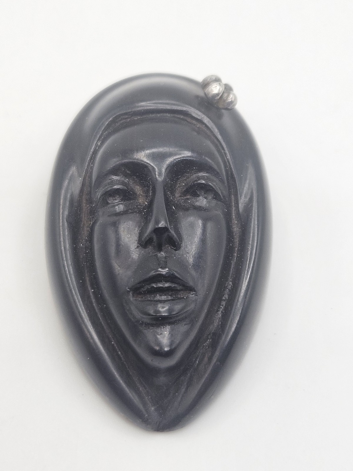 Vintage Artisan Carved Ebony Wood Lady Face Sterling Silver Pendant Signed