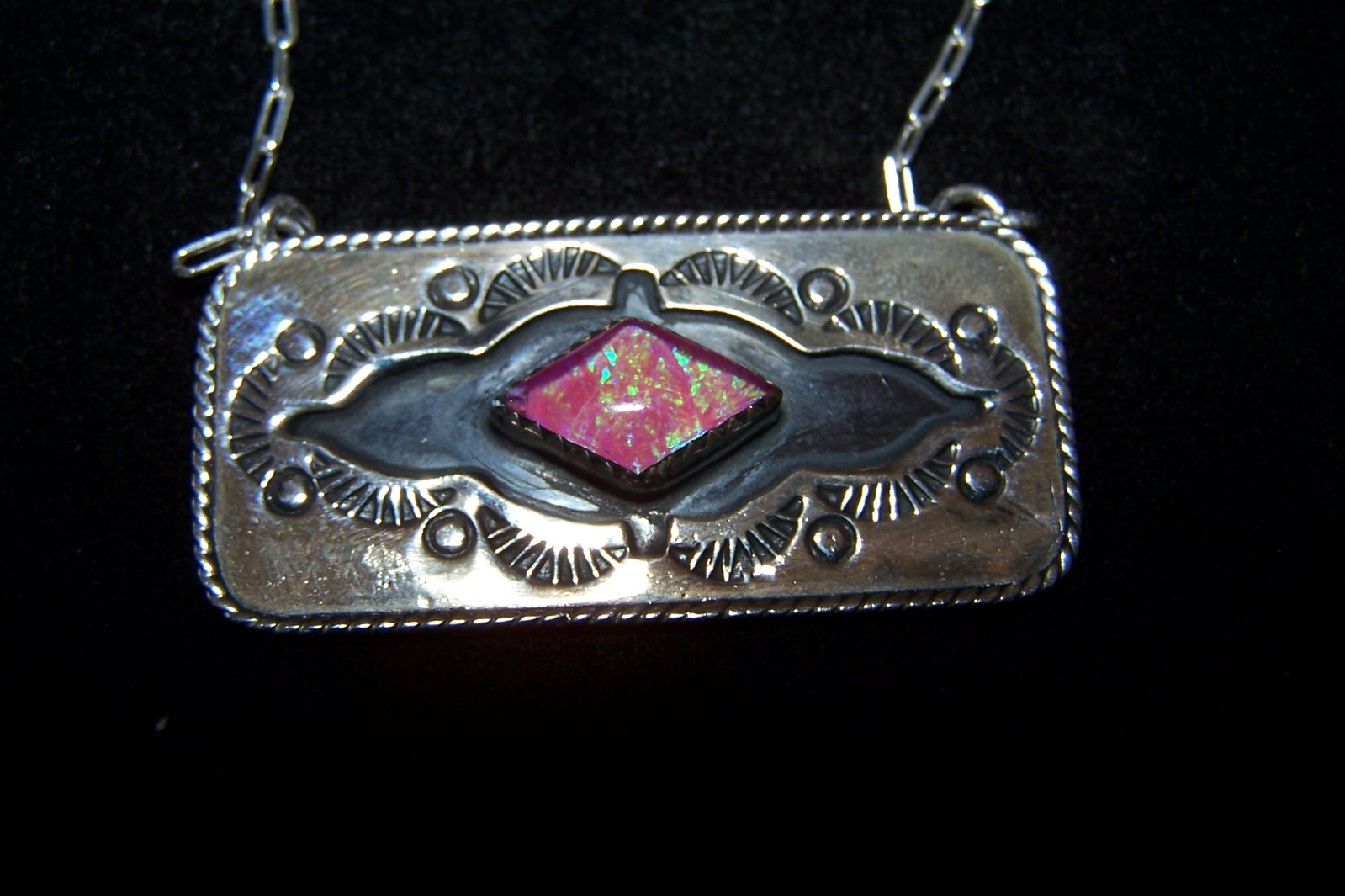 Artisan Southwestern Sterling Silver Etched Pink Fire Opal Cluster Bar Necklace