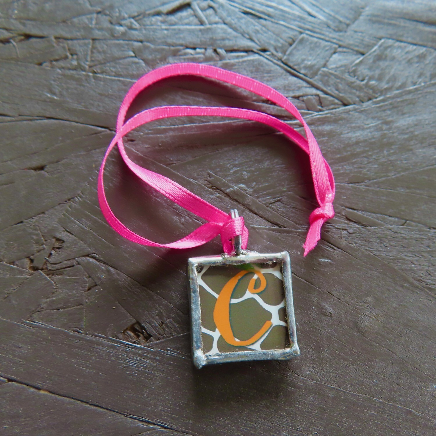 Letter C Soldered Glass Pendant Charm Handmade Reversible Two Sided Vtg Retro