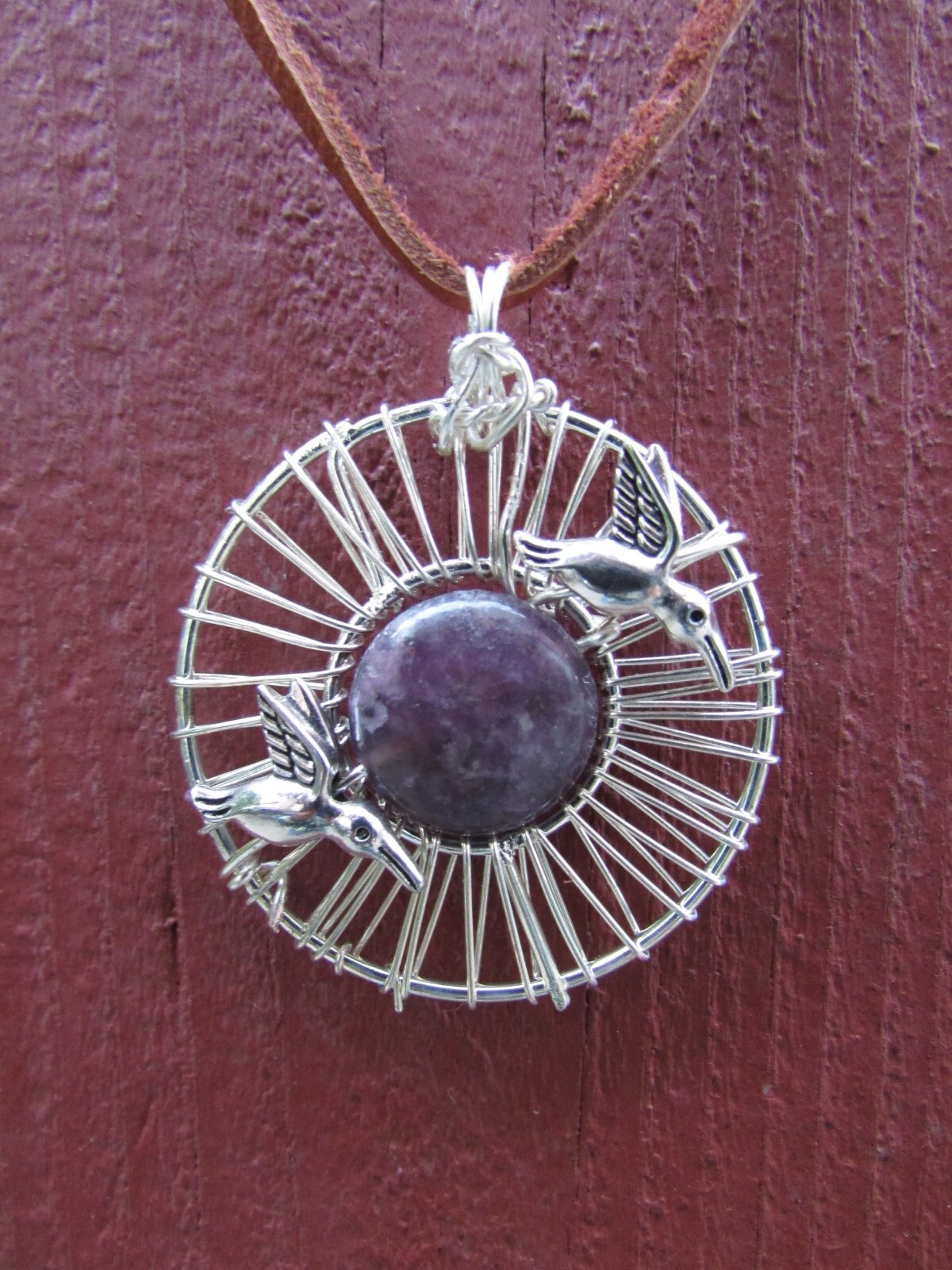 Round Silver plated Humming Bird accent pendant- Lepidolite.
