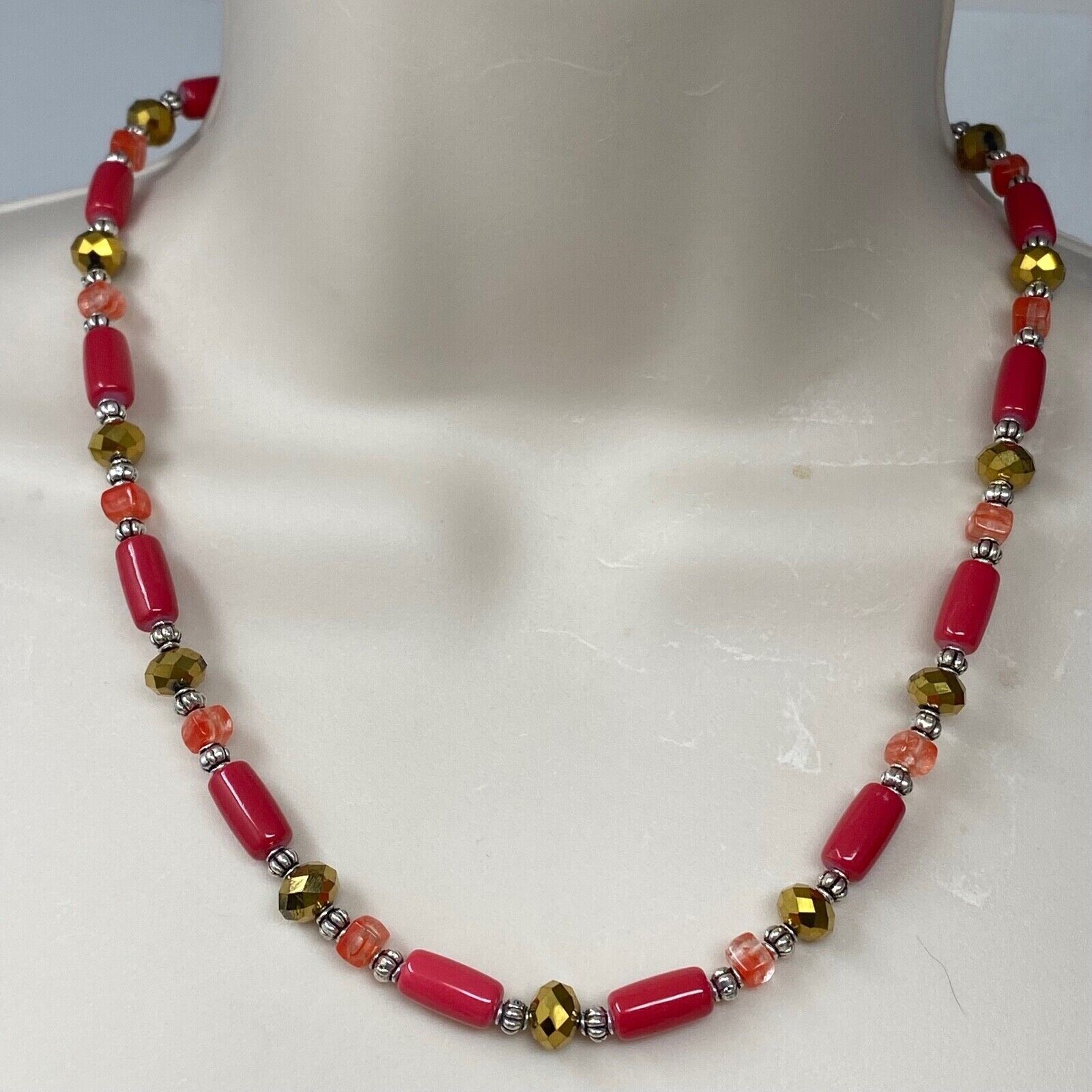 Handmade Beaded Necklace Coral Pink and Metallic Gold Glass Beads Silver Tone