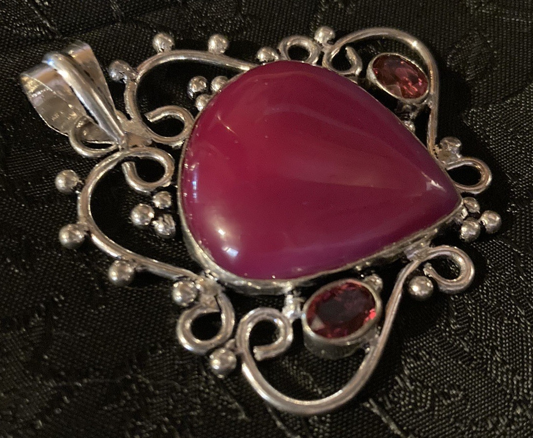 Ornate Sterling Silver Artisan Pendant – Pink Agate & Red Garnets