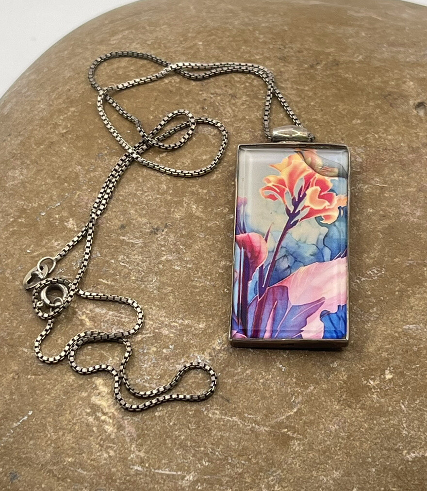 Art Vintage Sterling Silver 925 Pendant Glass Flowers Necklace Chain 10.5 gr #2