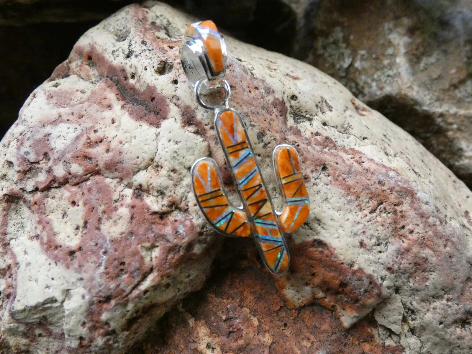 Saguaro Cactus Pendant Spiny Oyster & Opal Handcrafted Sterling Silver 925 Q9