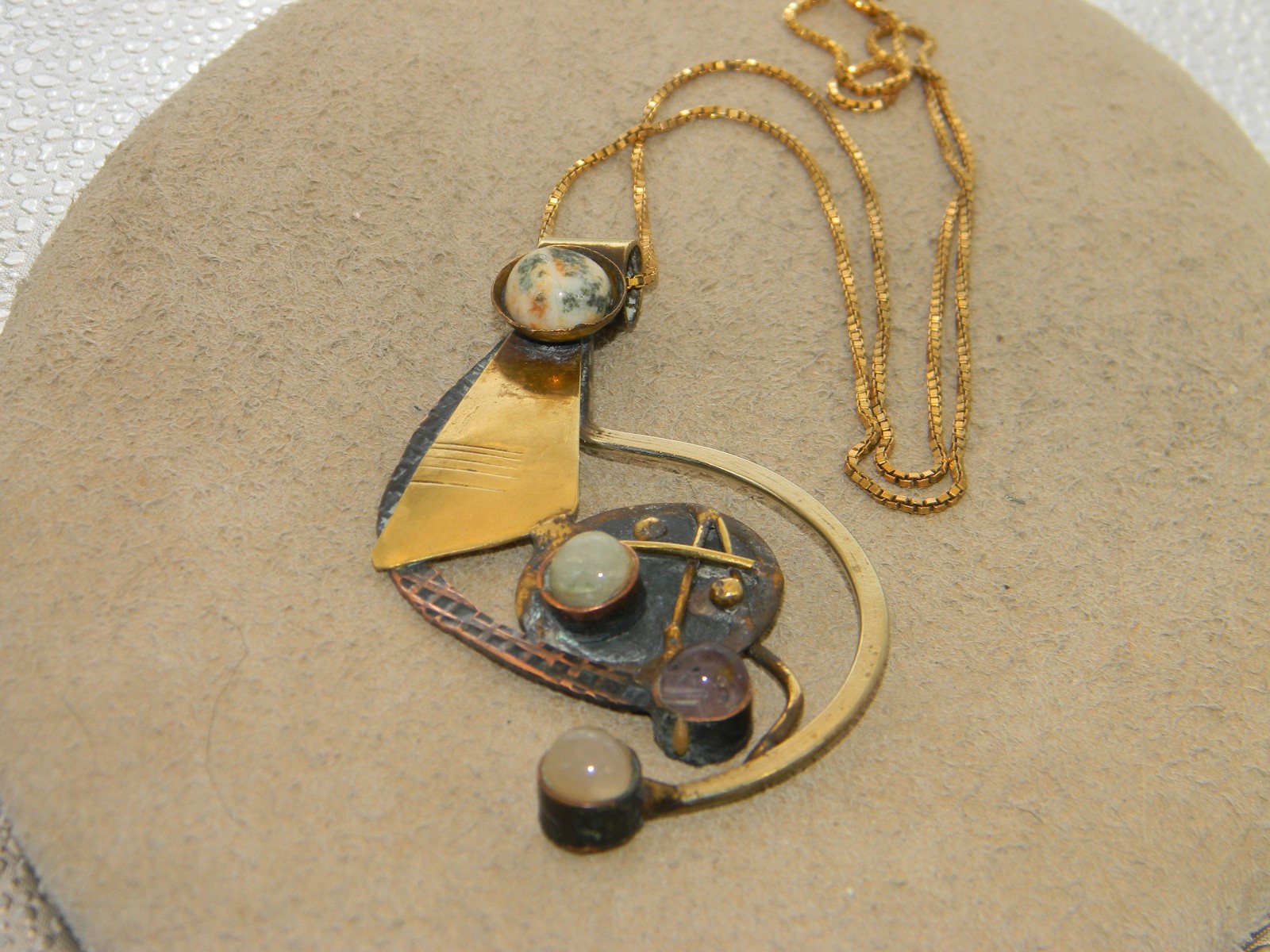 Large Brass, Copper and Quartz Modernist Design Pendant on 925 Chain Necklace