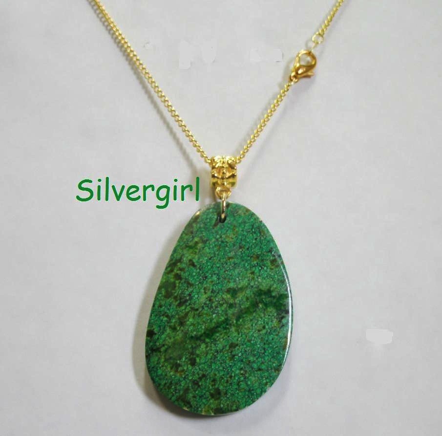 Large Polished Free Form Green Jasper Gemstone Necklace Gold Plate