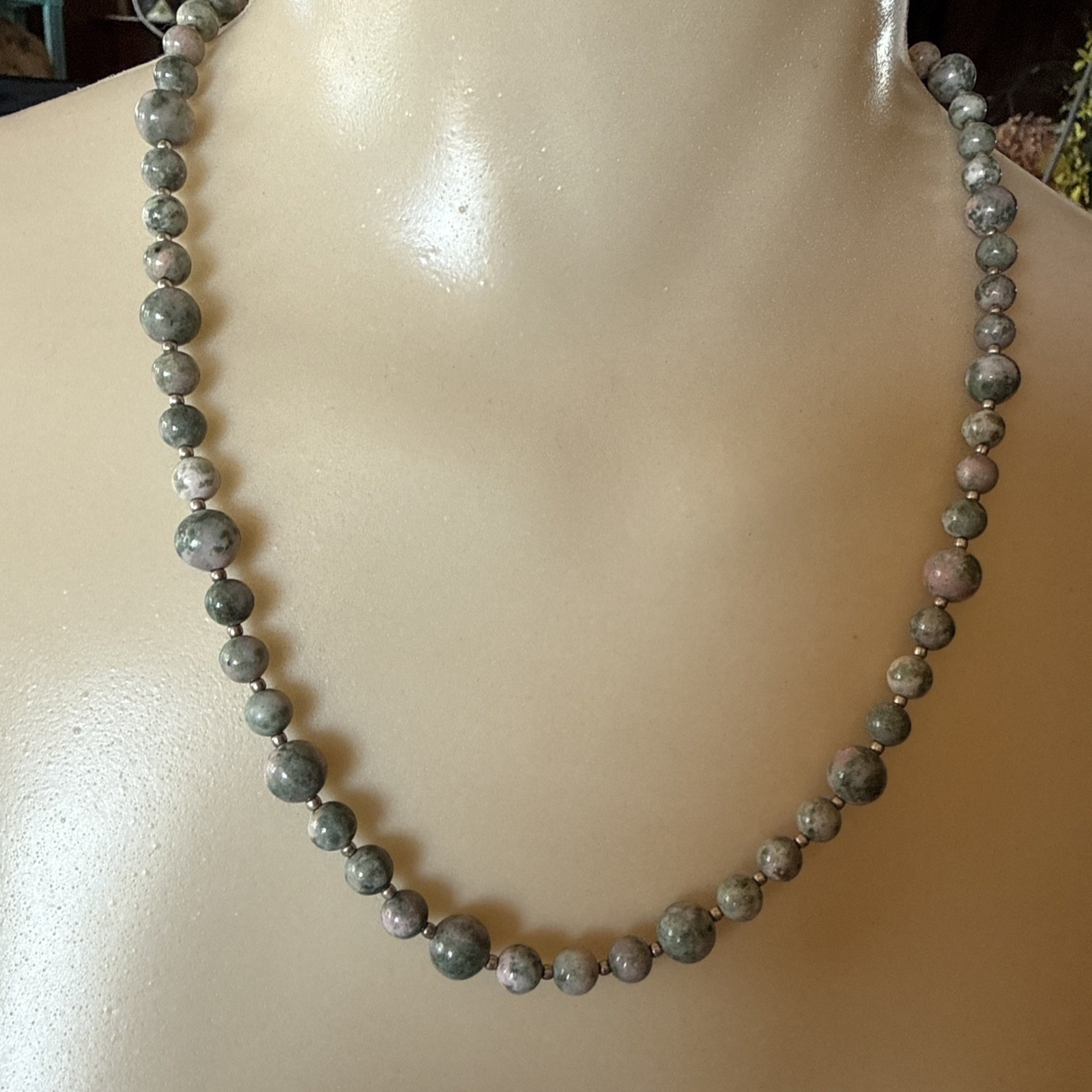 20″ Light Green TREE AGATE ROUND BEAD NECKLACE 4mm & 6mm & 925 Silver Spacers