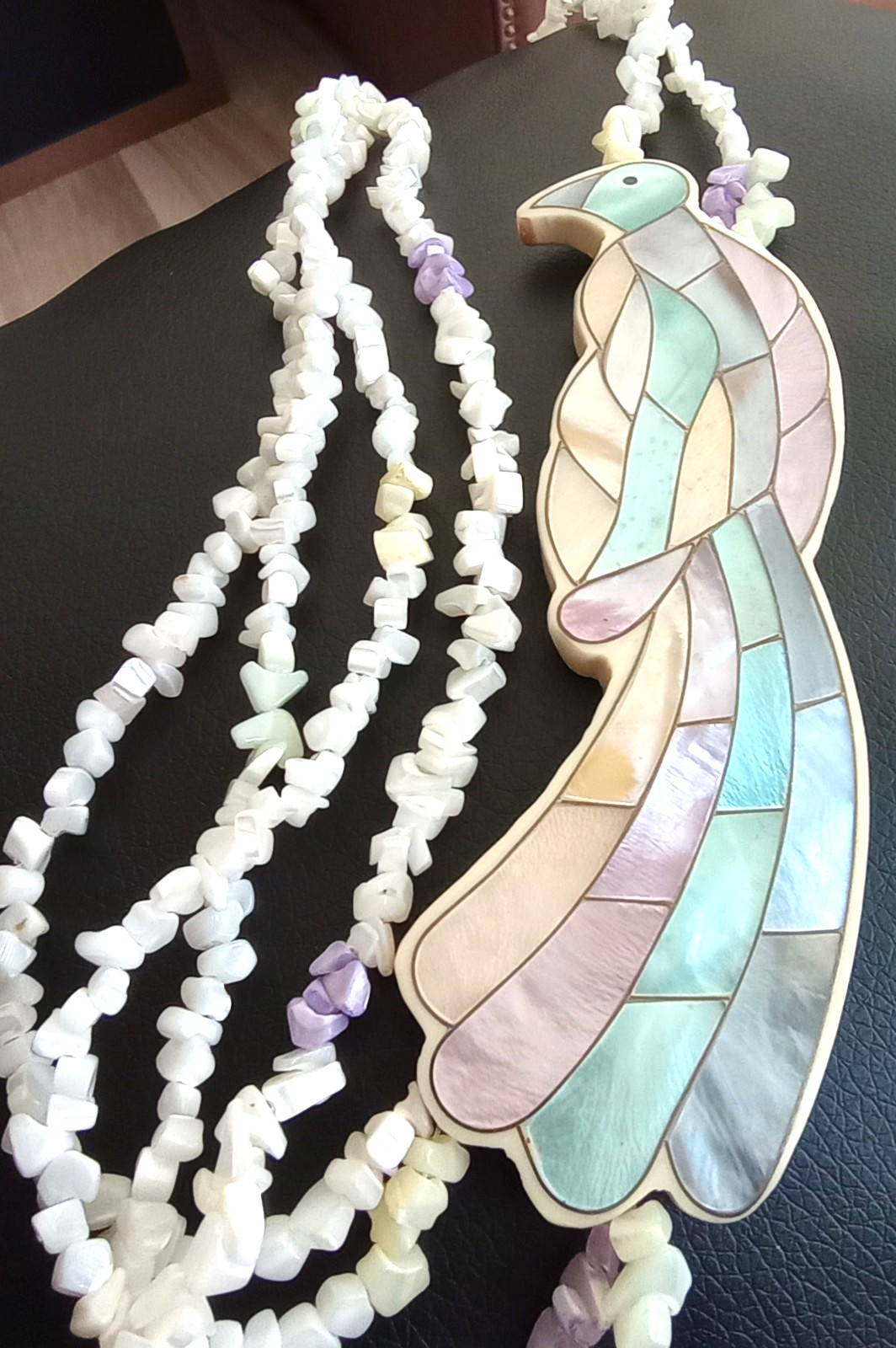 Lee Sands of Hawaii necklace, MOP inlaid parrot on handmade quartz chips