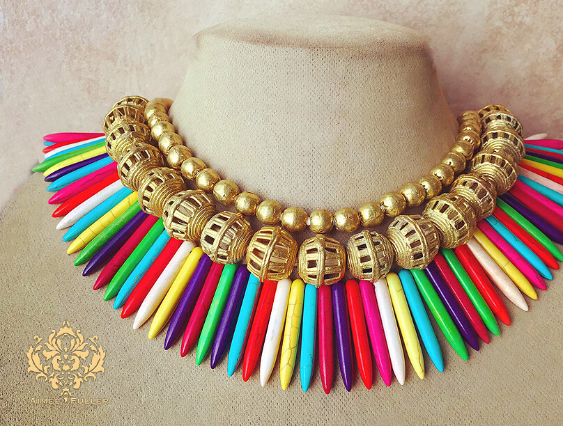 African Brass Howlite Statement Necklace Purple Green White Red Multi-Colored XL