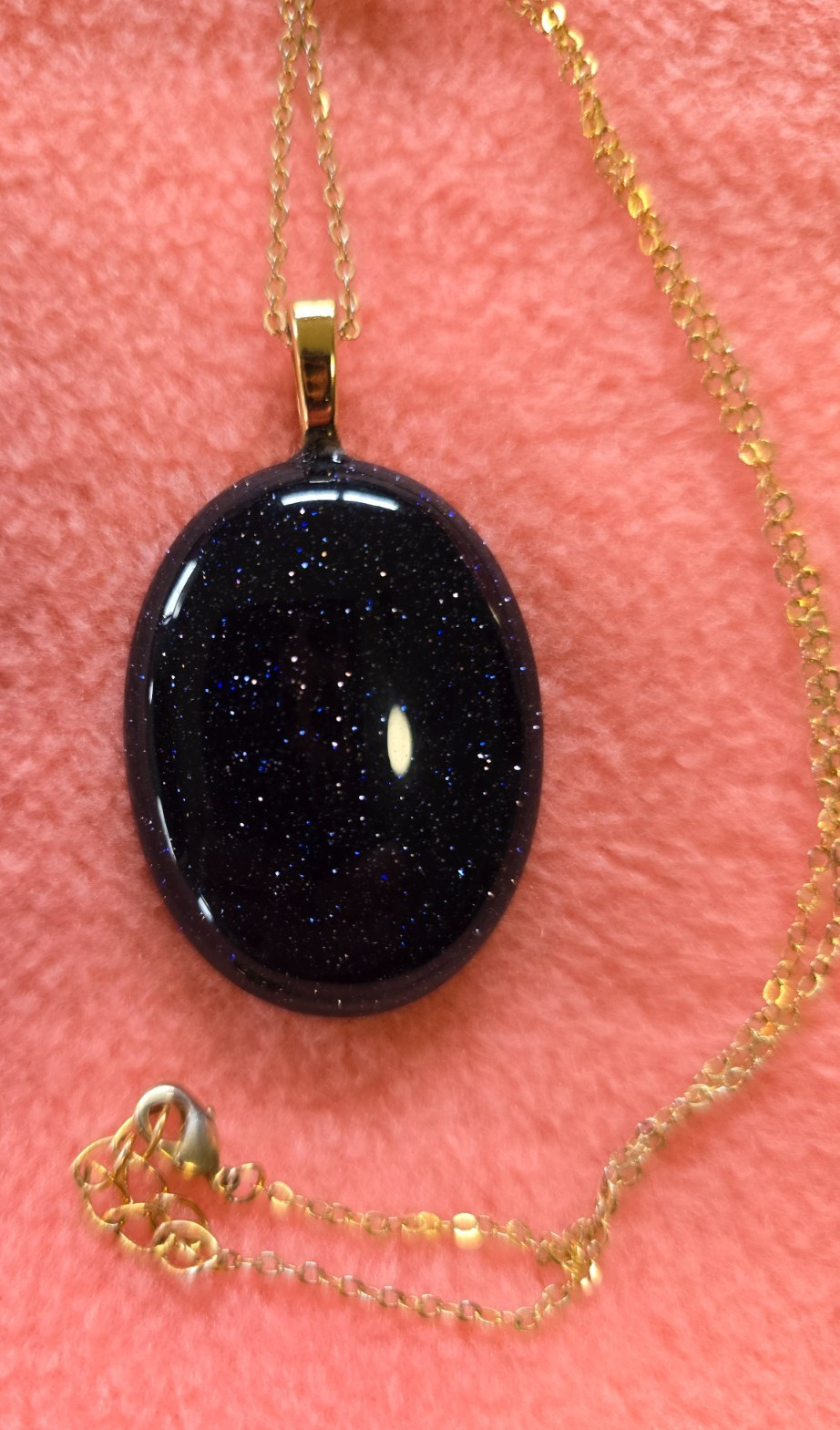 Large Sparkly Dark Blue Goldstone Pendant with Goldtone 18″ Chain, extender