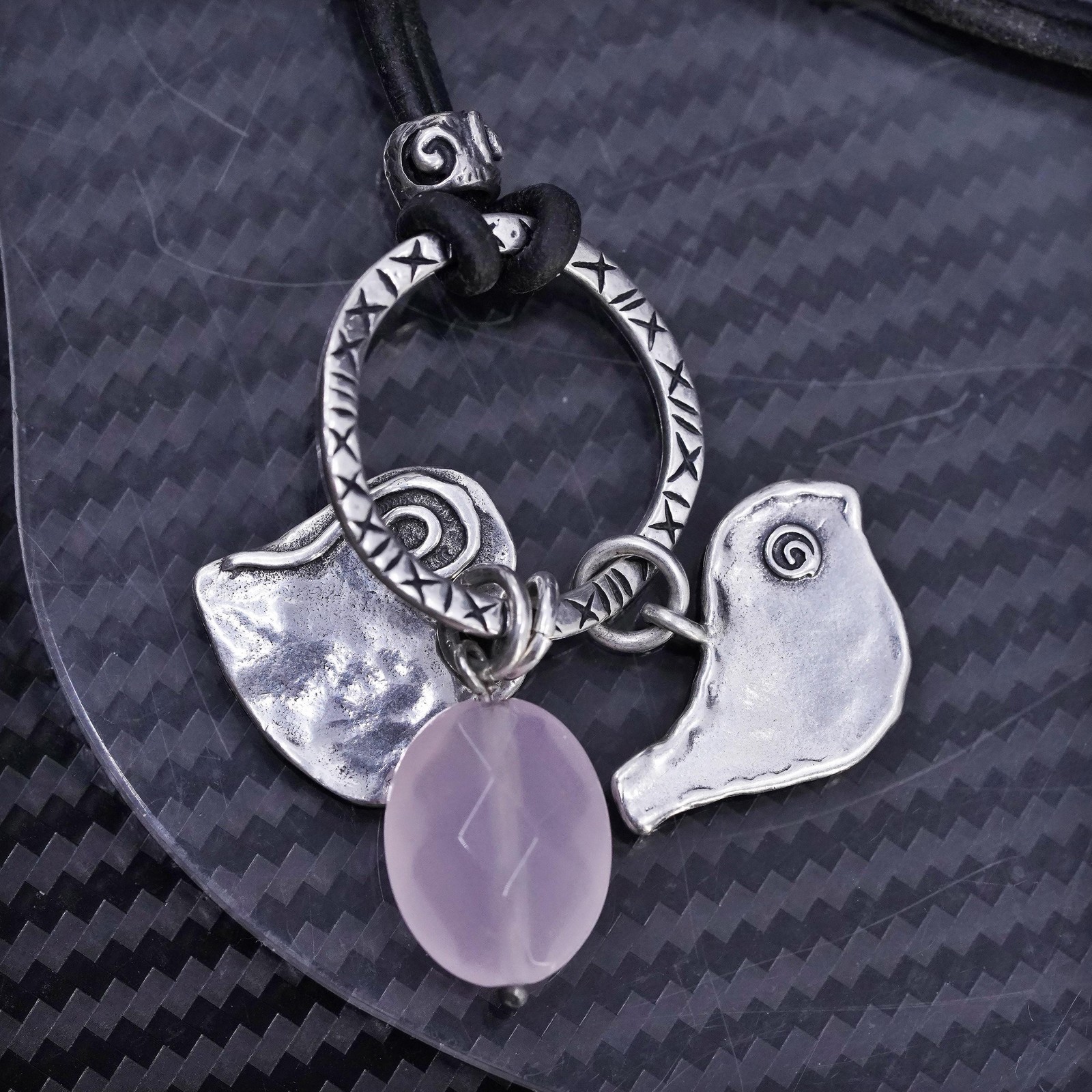 18”, Israel Shablool Didae sterling silver 925 necklace, leather bird heart