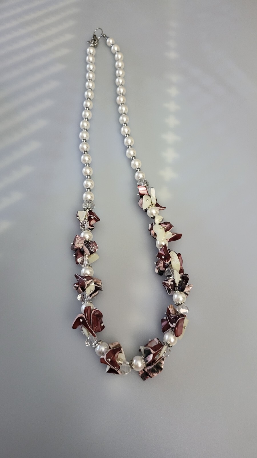 bead Cluster Necklace. Chip nugget white and pink shell bead