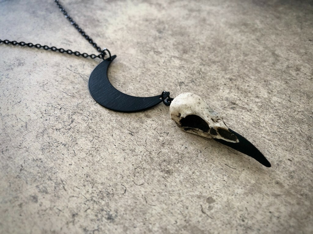Crescent Moon Raven Skull Necklace – Waning Moon Necklace Moon Goddess Necklace