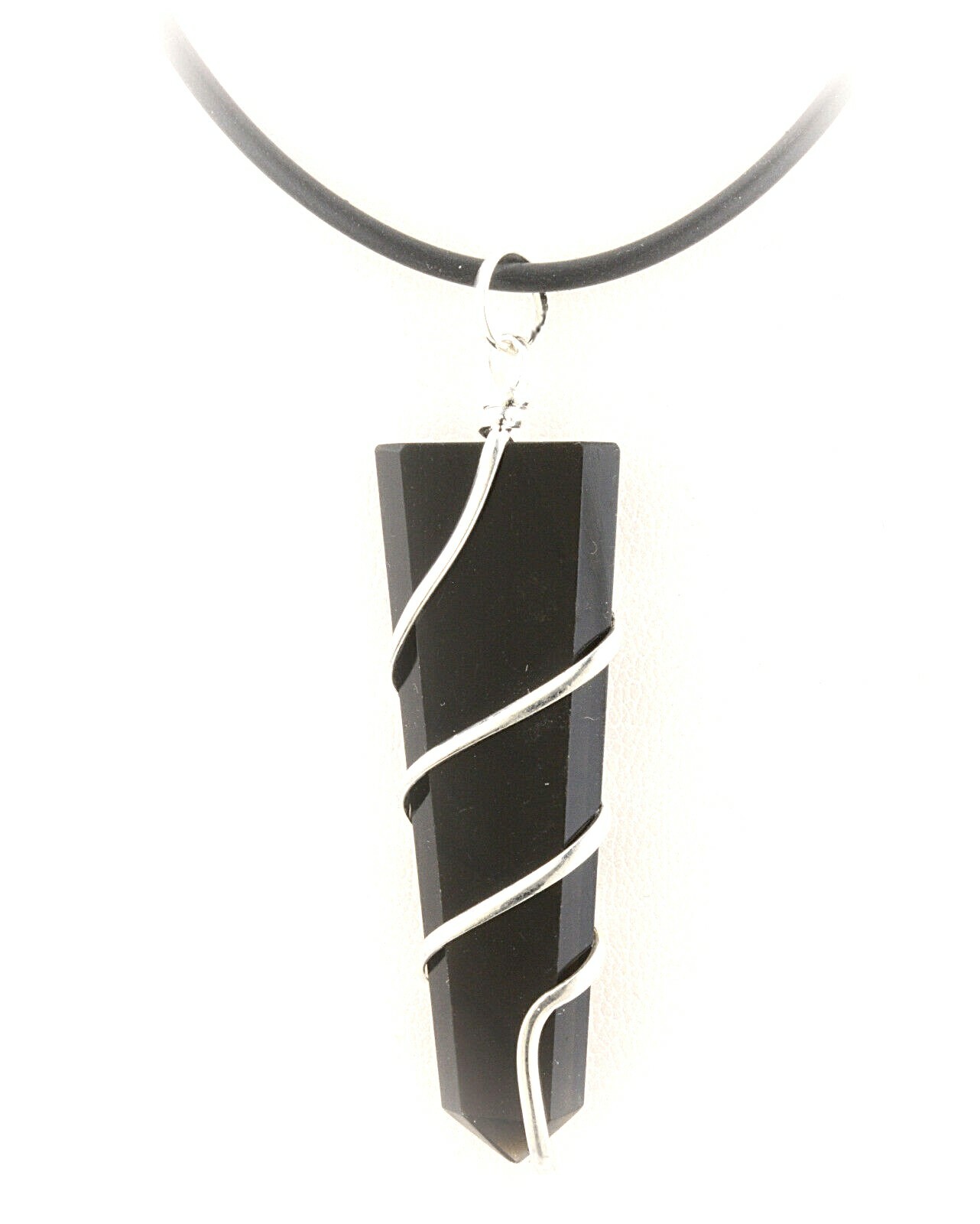 Unisex Men Woman Black Obsidian Wirewrap Pendant Necklace Rubber Cord Protection