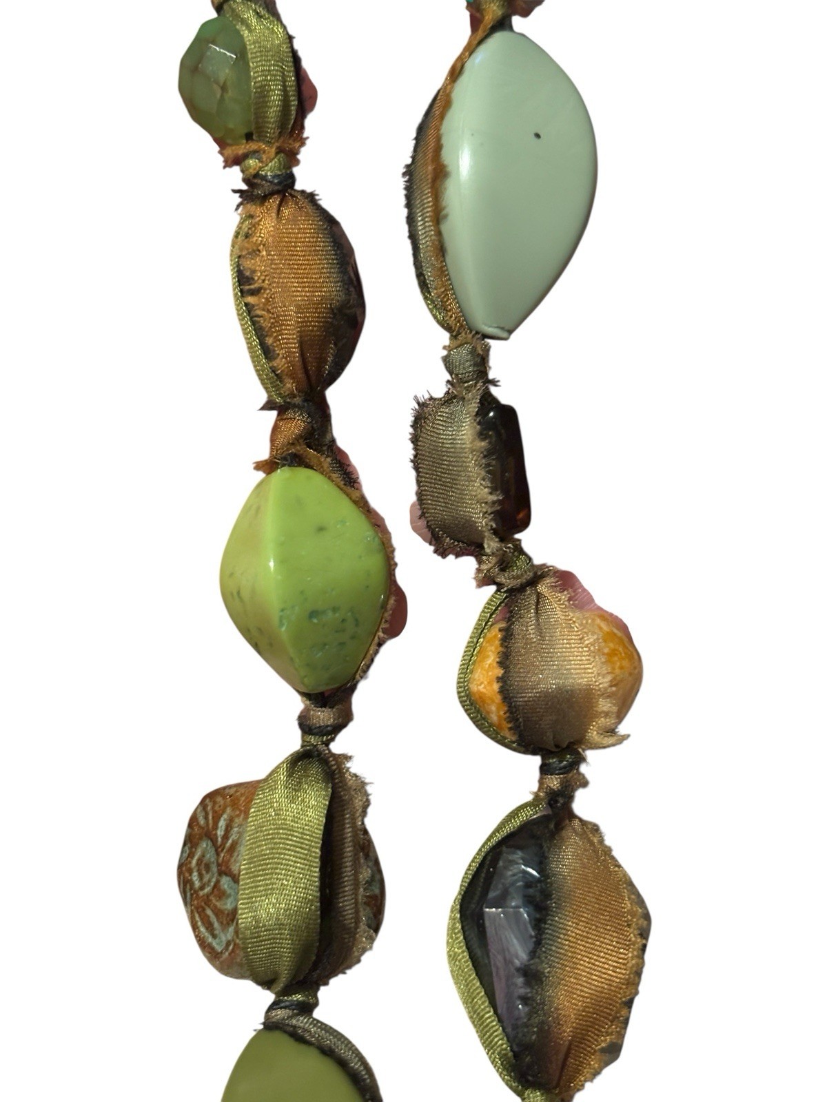Teresa Goodall Chunky Bead Necklace Green Brown Statement 18″ Ribbon Button