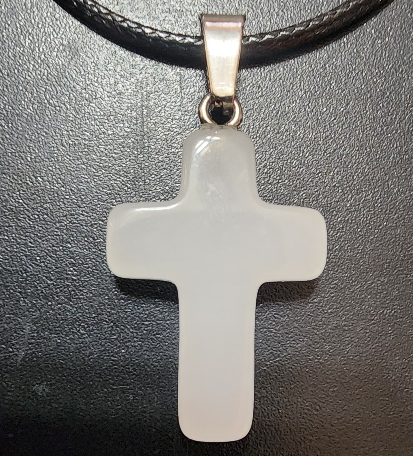 White Glass Cross Pendant Faux Leather Lobster Clasp