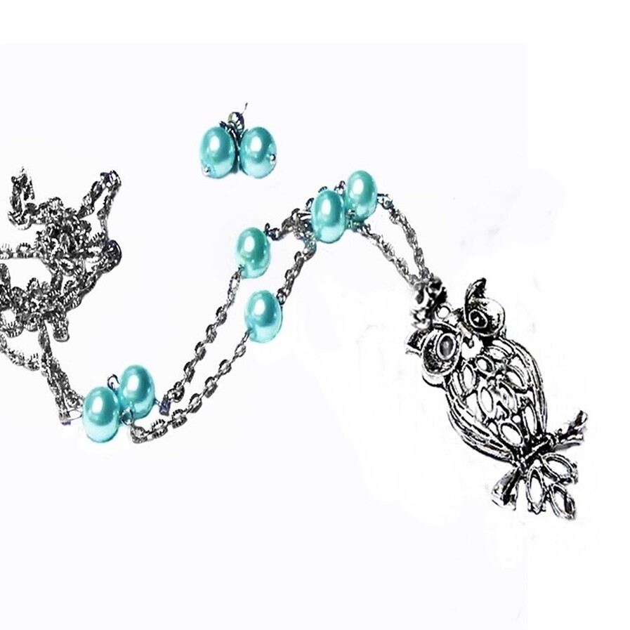 Charm Necklace Owl bird pendant with pearls, COLOR CHOICE, clip on or pierced