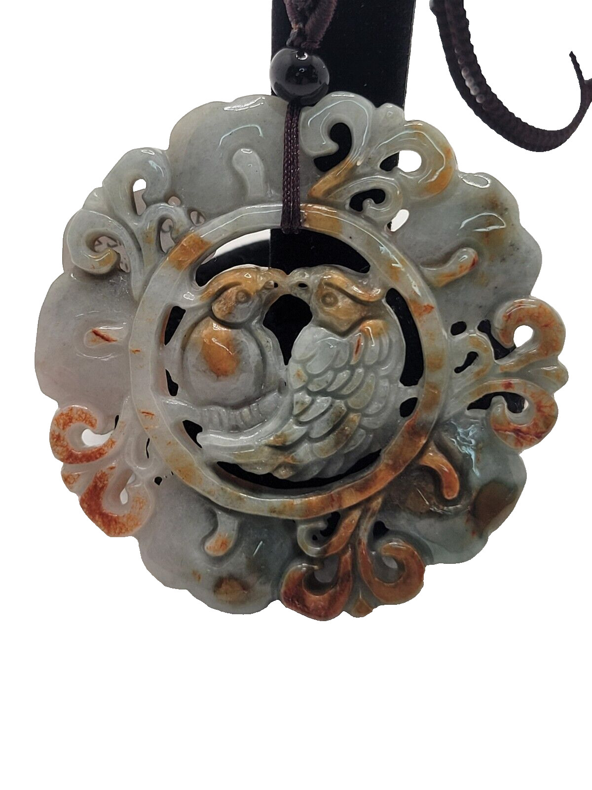 Hand Carved Jadeite Jade Pendant Red Green Love Birds Flowers Certified Grade A