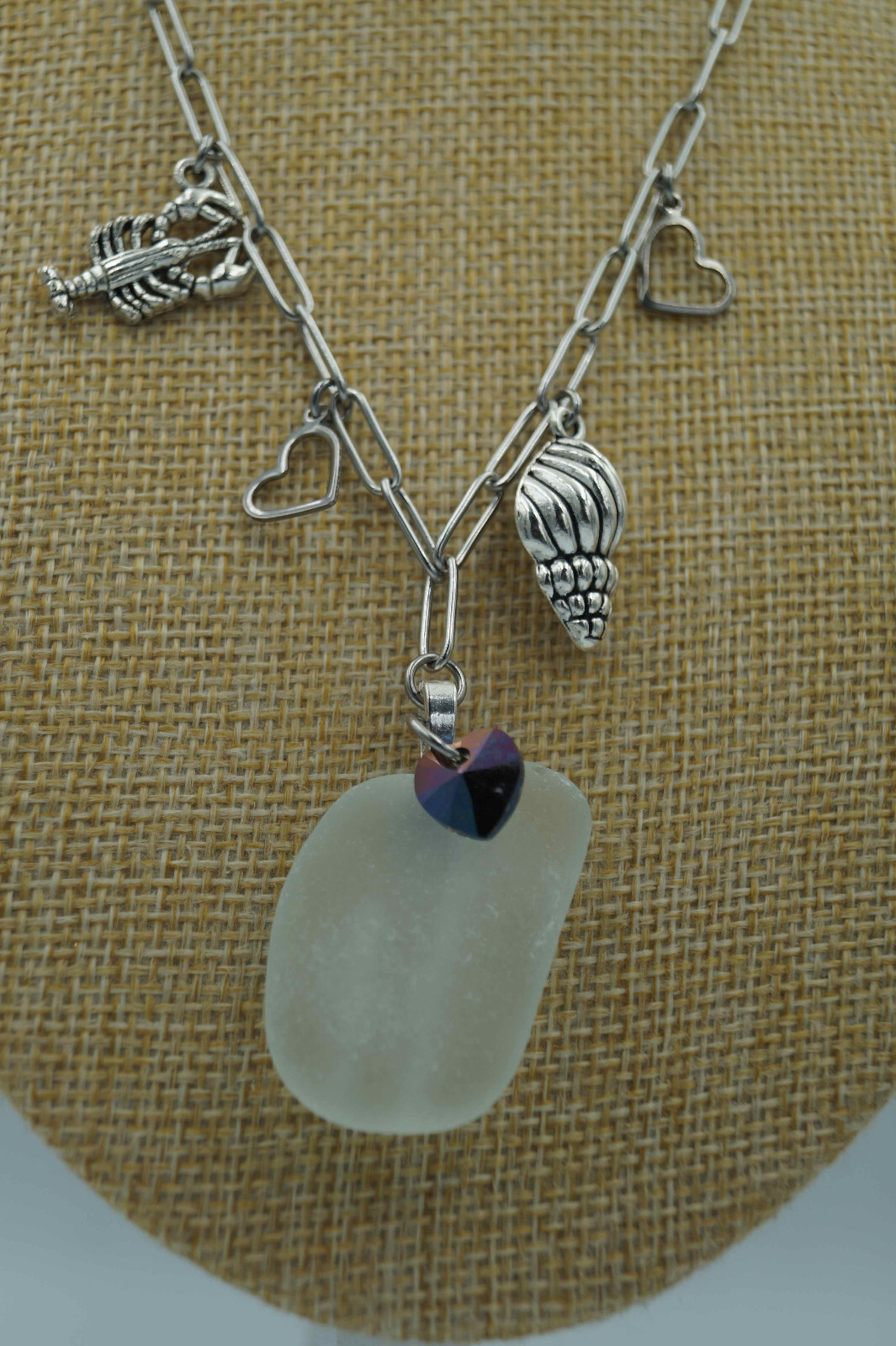 Sea Glass, Sea Charms & Heart Charms on Paperclip Stainless Steel Chain (P#119)