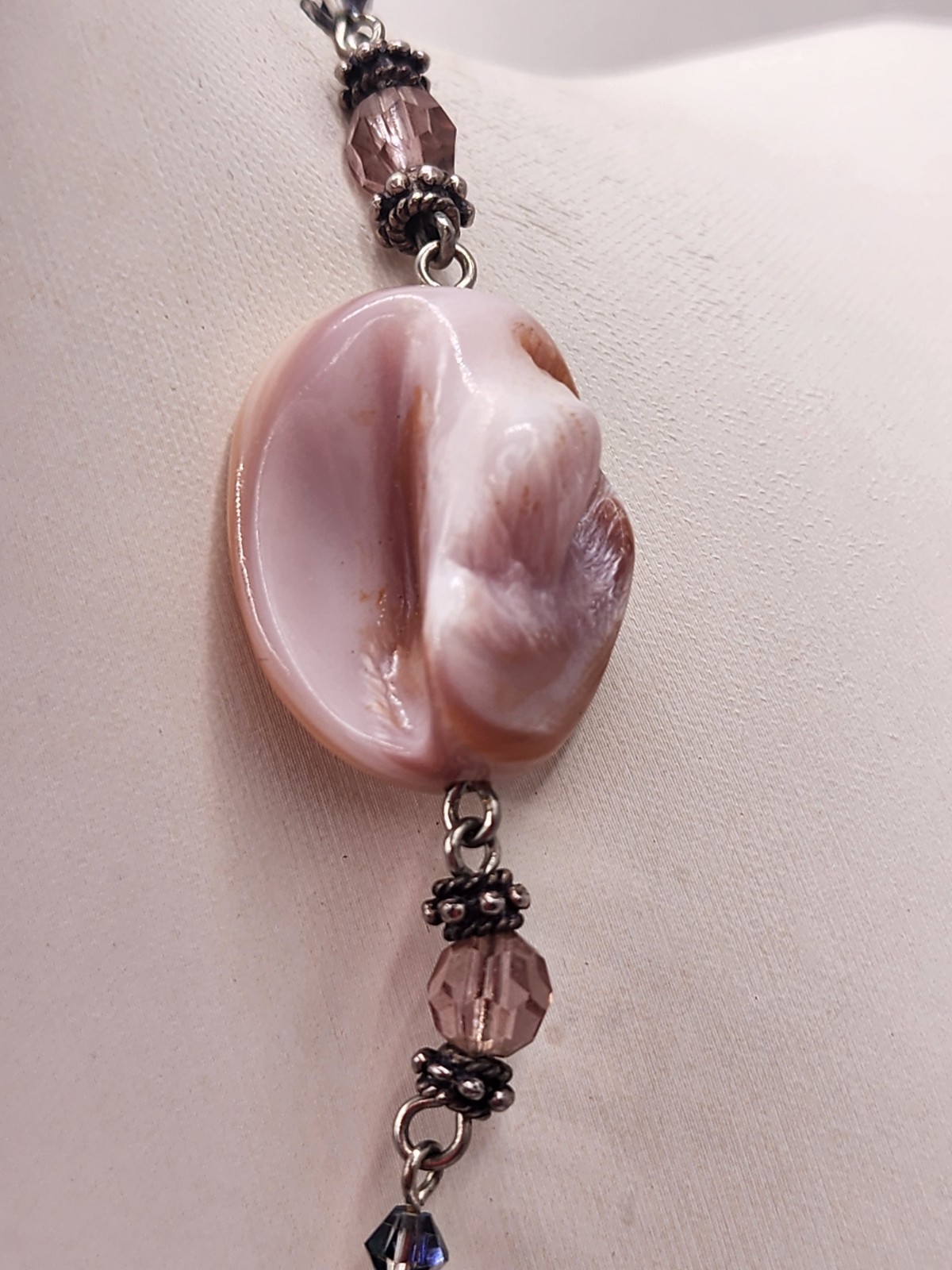 Vintage Artisan Crafted Large MOP Shell With Pink Fauceted Crystal Pendant