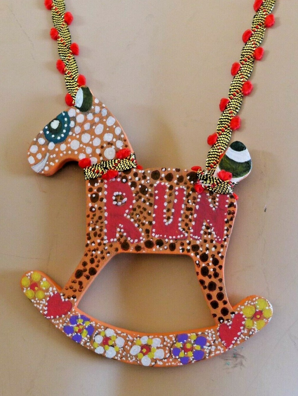 Handmade Necklace Fabric Art Wooden Painted Horse Gold Red Ribbons From Artist