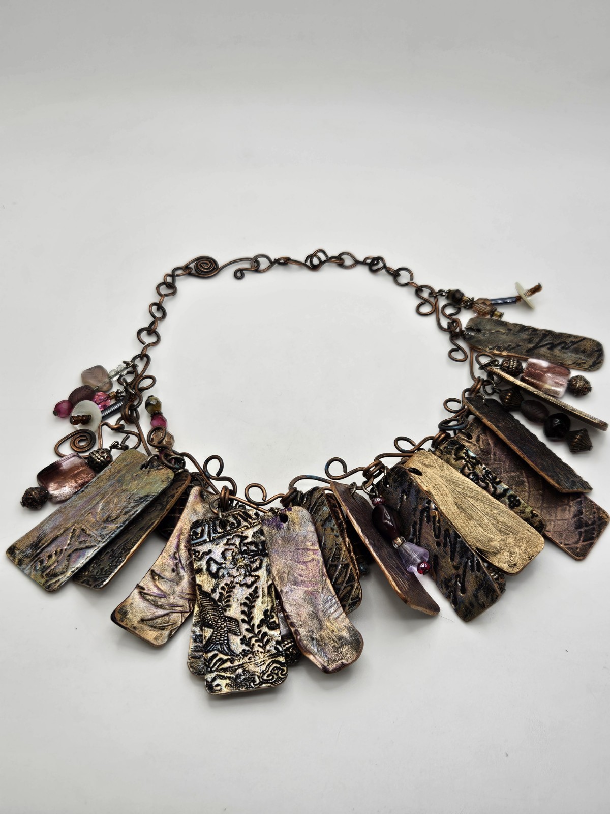 Vintage Artisan Handcrafted Copper Polymer Clay Dangle Charms Cha Cha Necklace