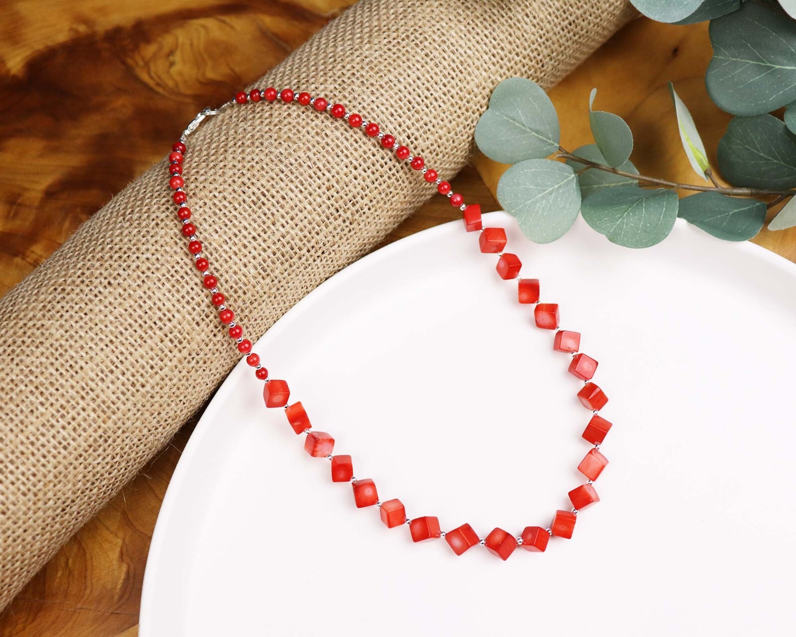 Red Coral Cubic Beaded Necklace, Summer Necklace, Natural Gemstone Necklace