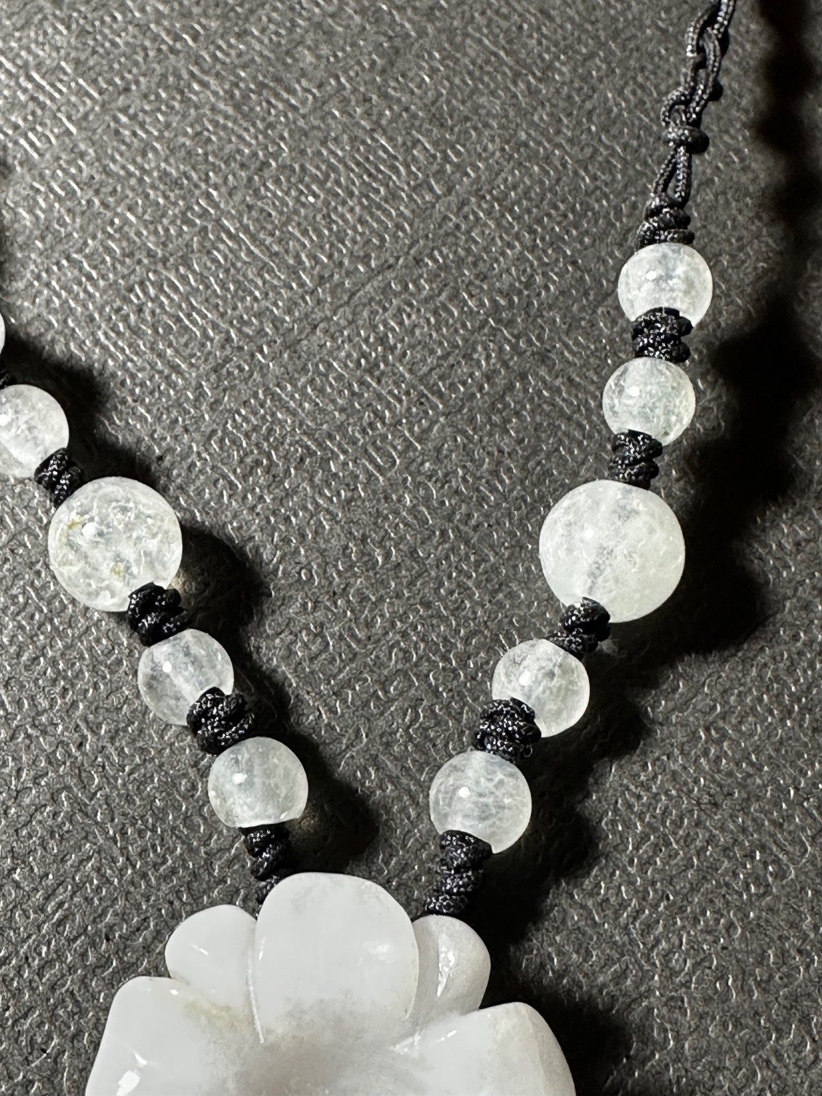 Hand-Carved White Jade Flower Necklace | Carnelian Center | Adjustable Macramé