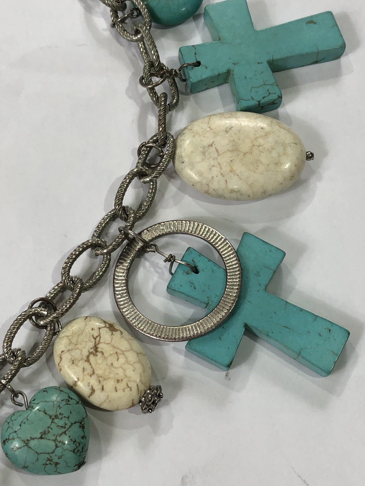 Turquoise Howlite Pendant Necklace Cross Heart Statement Artisan – 19.5 inch