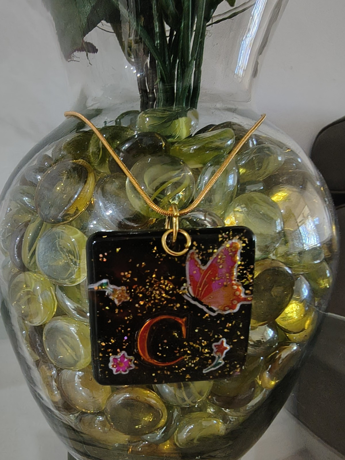 Handcrafted Resin Rectangle Pendant Necklace Butterfly Letter C Black Gold Pink