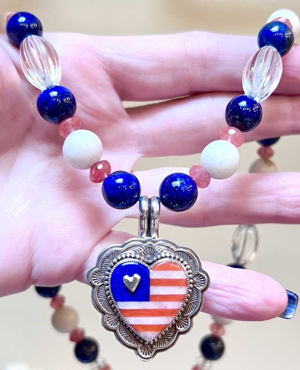 WONDERFUL Sterling Silver Lapis, Crystal, Cherry Quartz Heart/Flag Necklace