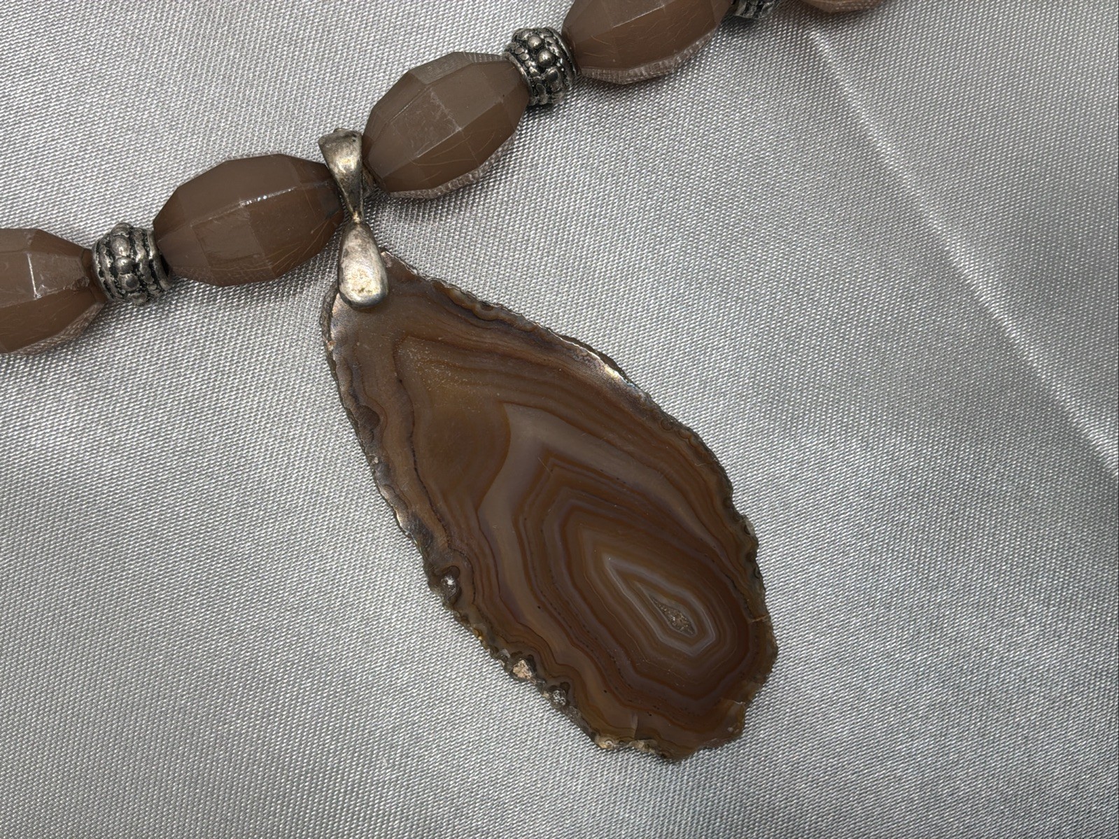Natural Brown Agate Stone Necklace Taupe Faceted Beads w/ Earrings Artisan